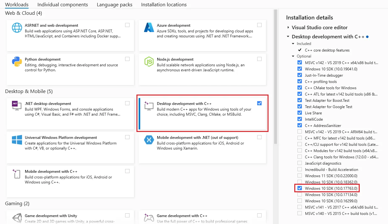 Visual Studio install page